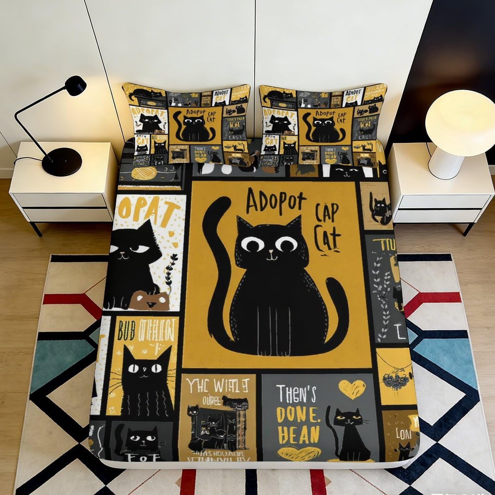 Pnayamiorkfel Style-10 3D Printed Black Cat Cartoon Fitted Sheet Microfiber Anti-Slip Bed Cover For Bedroom Dorm Easy Care Cute Animal Decor 90X200x25cm