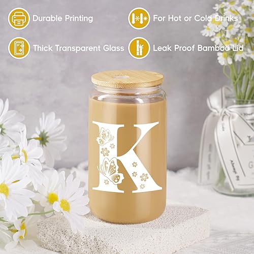 Miniatura 2 de Fairy's Gift Taza de café de vidrio con inicial con pajita, vaso de mariposa, vaso de vidrio de 16 onzas, bonita taza estética, personalizada, con