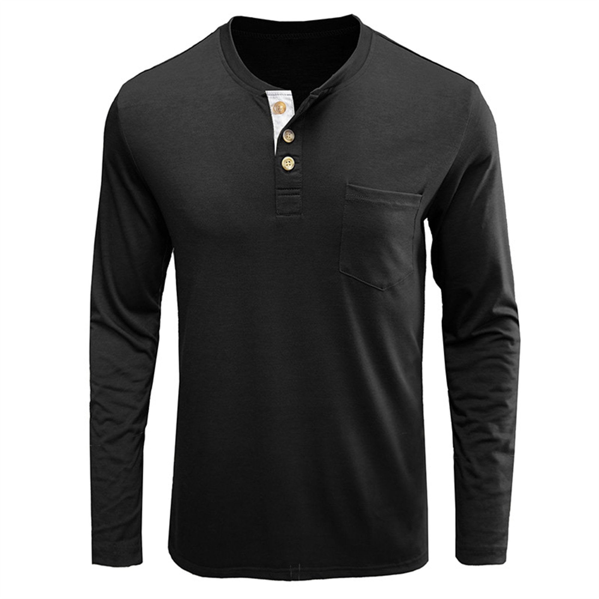 Men Henley Long Sleeve Shirts Fashion Classic Slim Fit Shirt Button Cotton Solid Casual T-Shirt with Pocket (Large,Black)