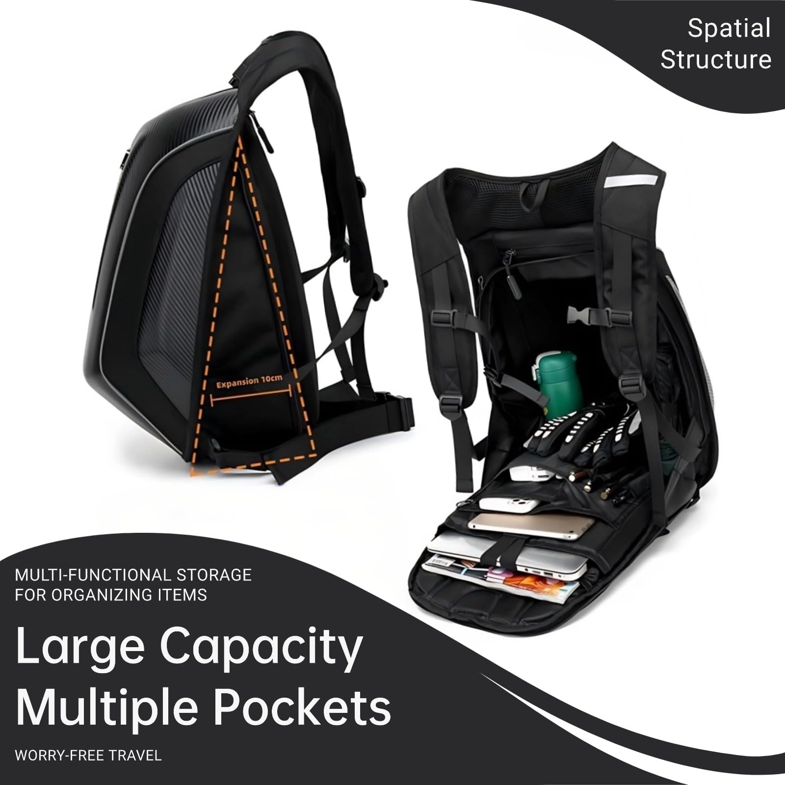 Mochila para moto de alta capacidad con carcasa rígida de fibra de carbono, compartimento dedicado para casco, extensible 30-48L, multibolsillos, para viajes y uso diario