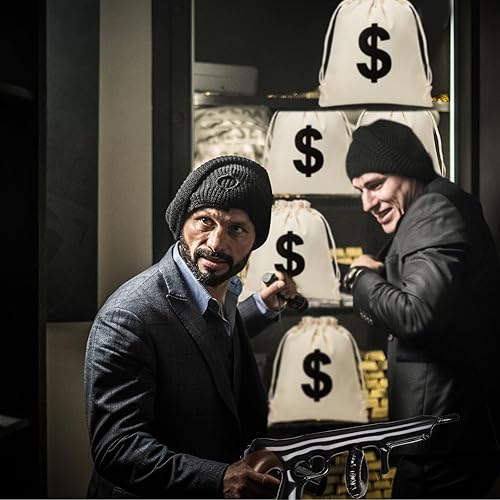 Miniatura 5 de Juego de 9 bolsas inflables de lona para dinero con cierre de cordón, pistola inflable, fiesta temática de cosplay de los años 20, decoración de