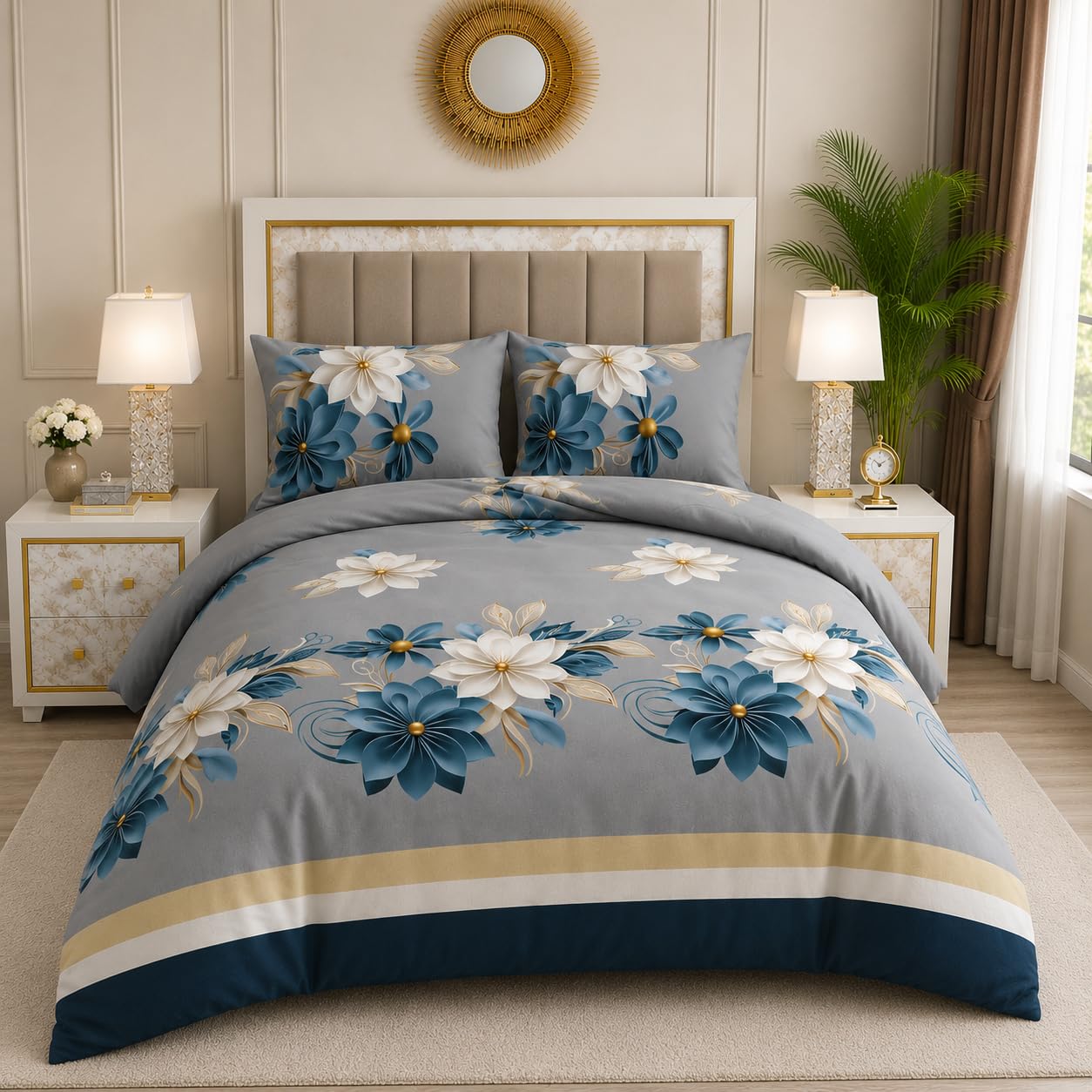 Trendy 4 Piece Complete Bedding Set – Soft Microfiber Super King Duvet Cover, Fitted Sheet & 2 Pillowcases | Floral Printed, Wrinkle-Free & Lightweight for All Seasons — image 1