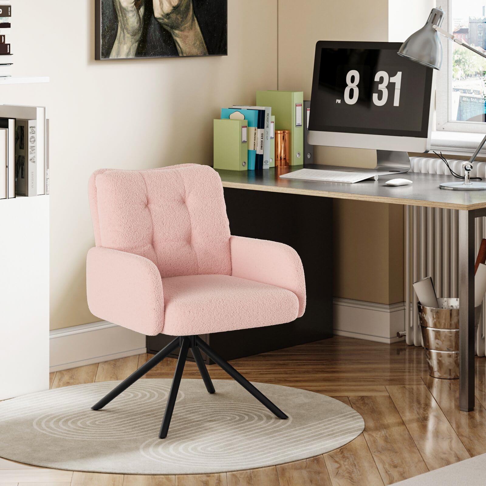 Hadwin Armchair Tub Chair, Pink Boucle Vanity Chair, Swivel Desk Chairs with Double Cushions and Metal Frame Legs, Non-Slip Feet for Bedroom Living Room Dressing Room — image 1