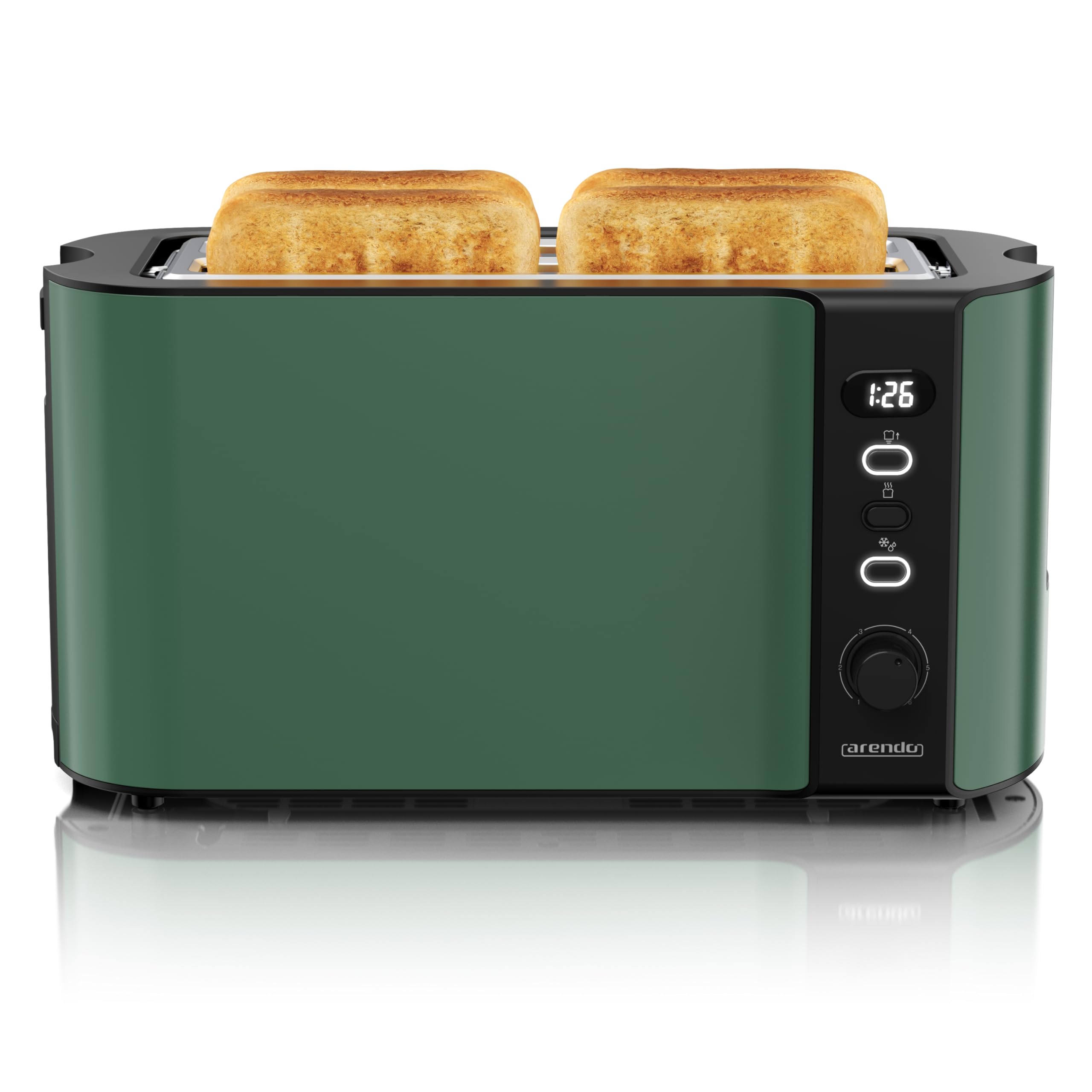Arendo - Edelstahl Toaster Langschlitz 4 Scheiben - Defrost Funktion - wärmeisolierendes Gehäuse - mit integrierten Brötchenaufsatz - 1500W - Krümelschublade - Display mit Restzeitanzeige