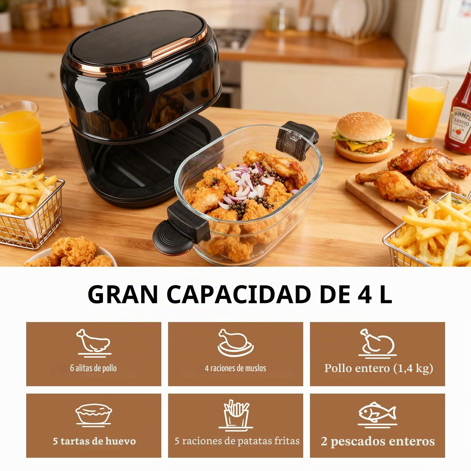 Freidora de aire 5L Airfryer, 9 en 1 con cesta de vidrio y pantalla LED | Con ventana de visualización, temporizador 24 h y cocción saludable con menos aceite, ideal para toda la familia