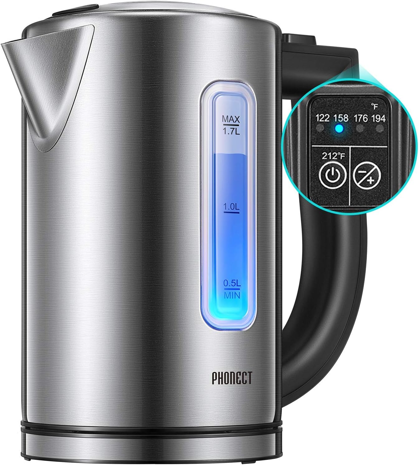 Electric Kettle Temperature Control, PHONECT 1500W Fast Boil Tea Kettle with BPA Free Stainless Steel, Variable LED Temp indicator and Transparent Window, 1.7L