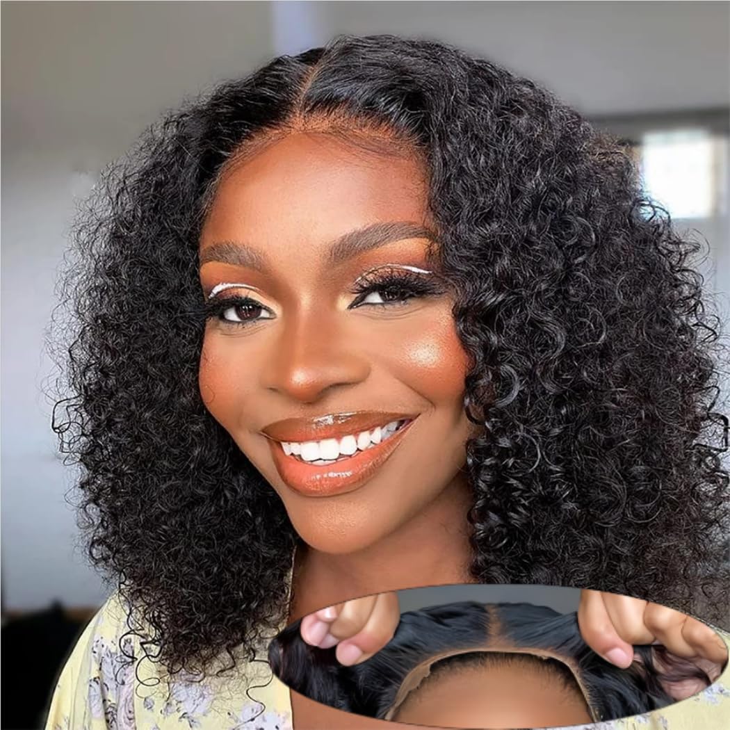 14 Inch Wear and Go Glueless Bob Wig Human Hair Curly Bob Human Hair Wigs for Women Kinky Curly Lace Front Wig Human Hair Pre Plucked Pre Cut Lace Ready to Wear 180% Density Natural Black
