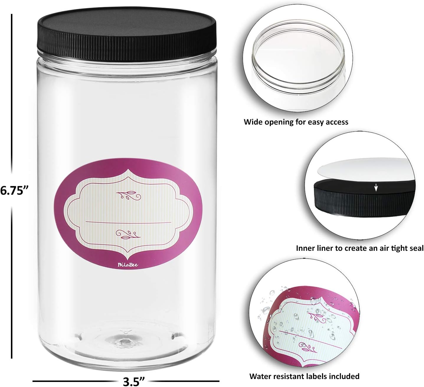 DilaBee 32 Oz Plastic Jars with Lids and Labels - 6 Pack Clear Storage Containers with Airtight Lids for Food, Kitchen Pantry, Home Organization and More