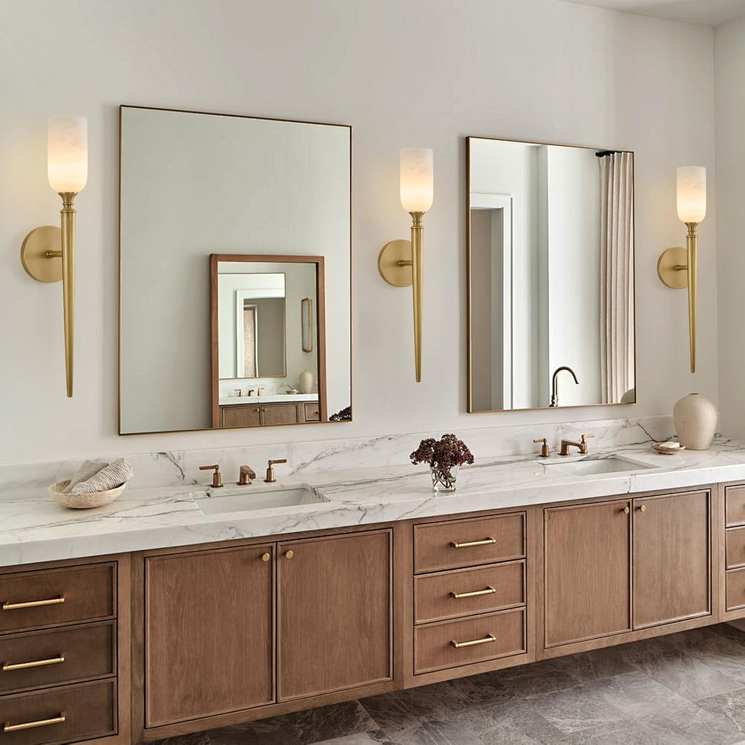 Vintage Alabaster Brass Wall Sconce: Set of 2 Antique Spanish Natural Marble Modern Vanity Wall Lights - 21.6" Long Linear Brushed Gold Sconces - Indoor Sconce for Bathroom Hallway Bedroom Living Room 21.6" Double