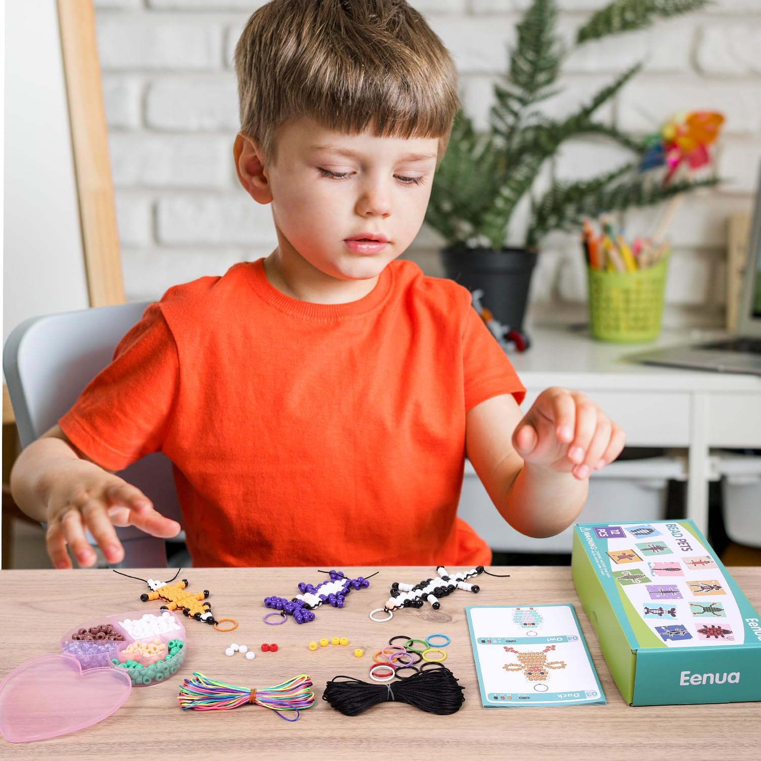 Eenua Pony Beads Keychain Kit for Kids DIY Bead Pets Craft Set with 12 Animal Keychains 2 Heart Shaped Boxes Creative Art Craft for Beginners - Image 6