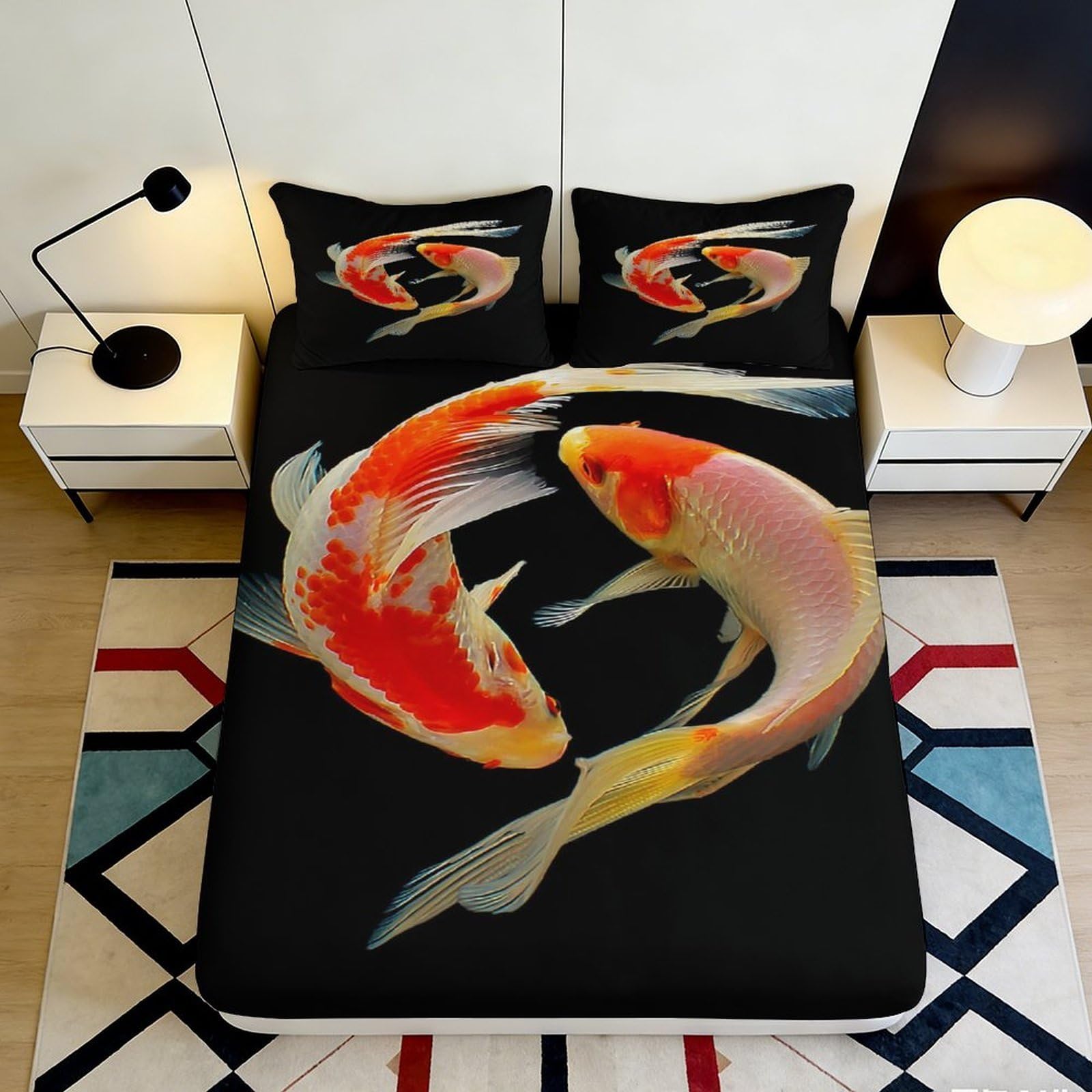 3D Printed Koi Fish Fitted Sheet Microfiber Soft Breathable Carp Pattern Bed Cover for Bedroom Dormitory Guest Room Mattress Protection Decor 120x200x25cm