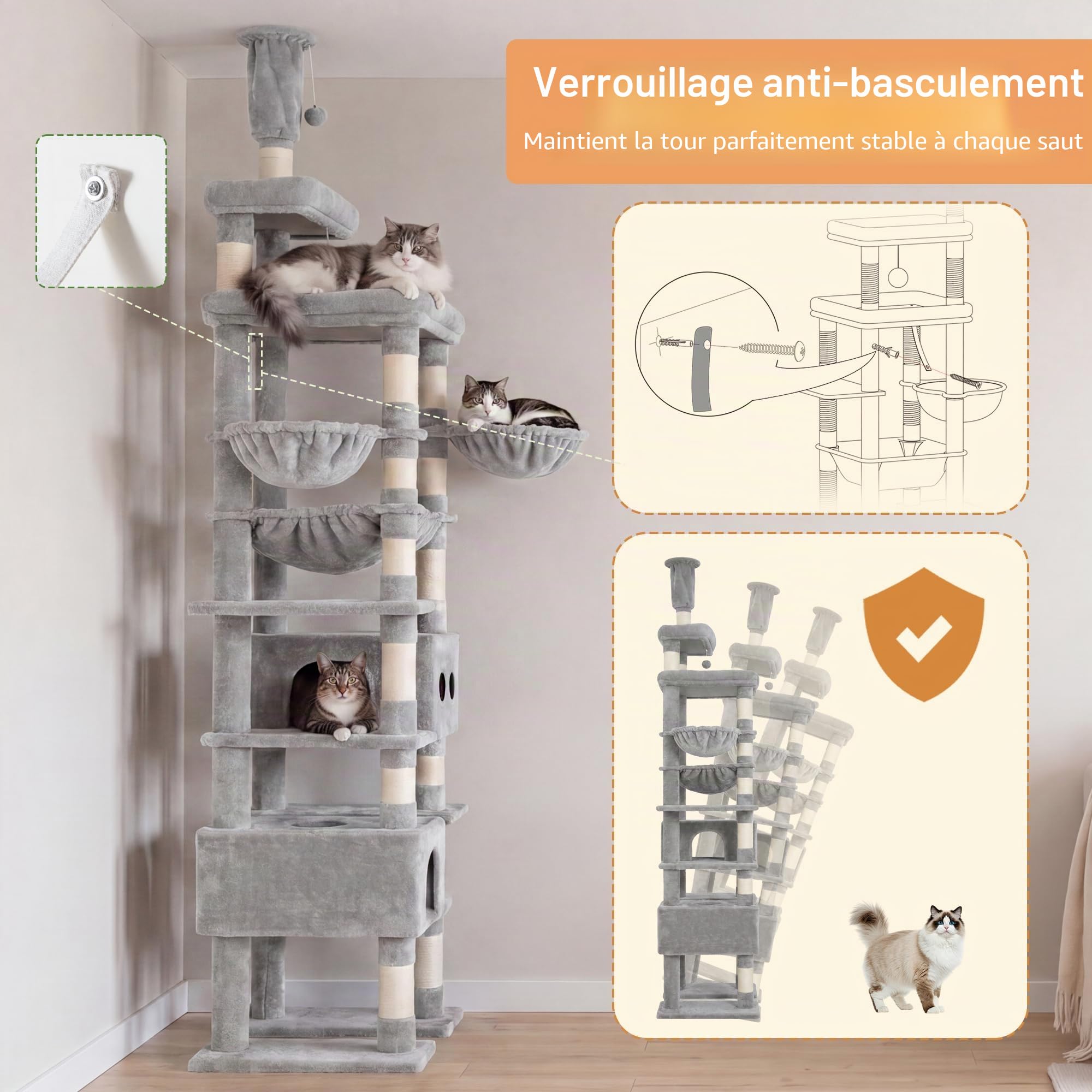 Heybly Arbre à Chat Sol Plafond 266-296 cm, Tour Large Multi-Espaces HCT92W | 2 Niches Douillettes, Coussins Amovibles, Panier Rond, Hamac Suspendu, Sisal Naturel, Structure Stable, Niveaux, Gris Clair