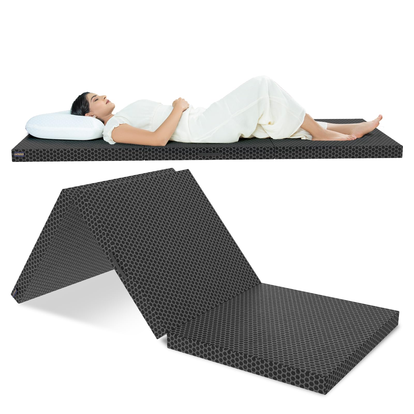Orista™ Foldable Memory Foam Mattress Single Bed | 75x30x2.5 Inch | Compact & Portable, 3-Fold Design | Perfect for Floor Sleeping, Guests, and Travel – Comes with Premium Storage Bag | Black Jacquard-image-40