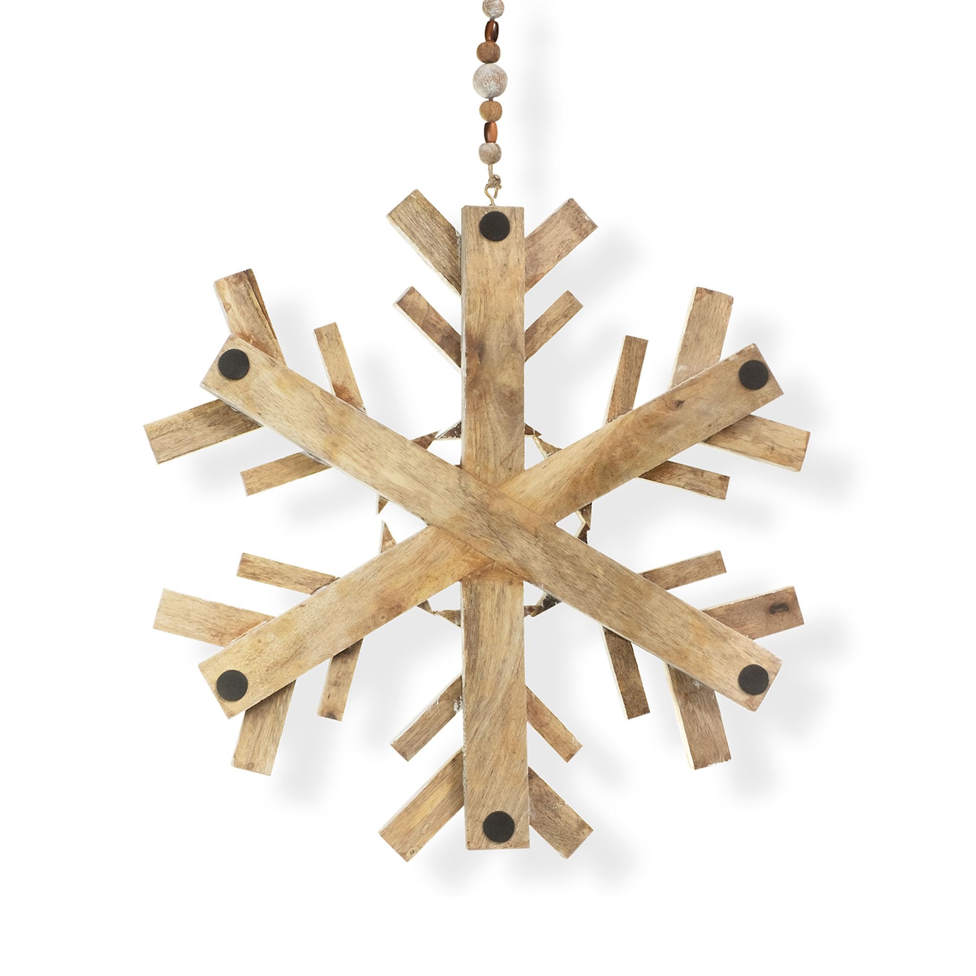 Moritz Décoration de Noël flocon de neige 60 cm à suspendre en bois de manguier Décoration murale ou de fenêtre de style naturel avec suspension en perles de bois Décoration de Noël rustique