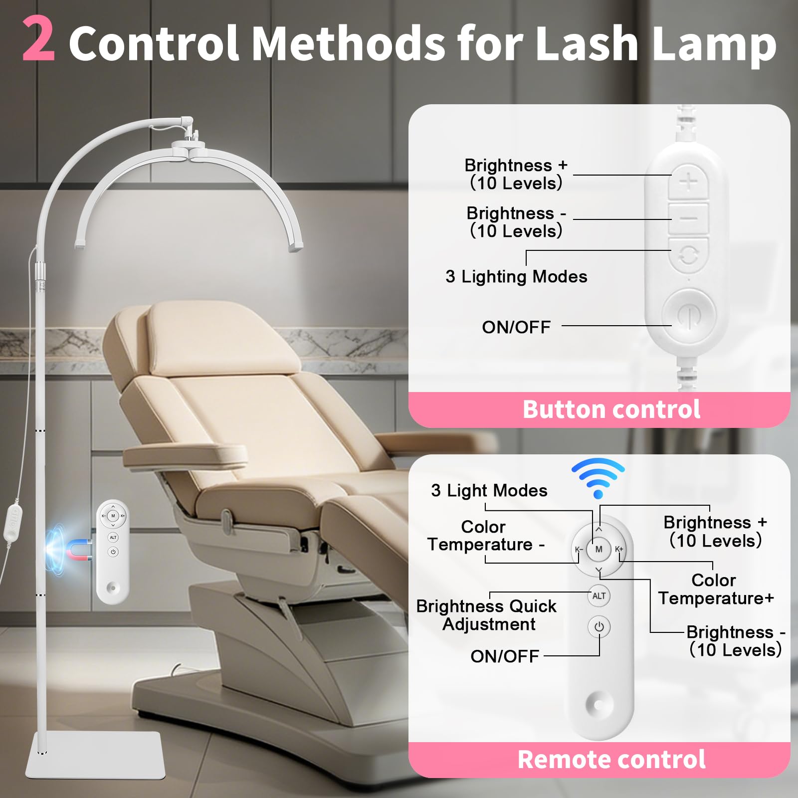 CGBE Halbmond Wimpern Lampe für Wimperntechnik: Faltbare LED Kosmetiklampe mit 360° Drehbarer Lichtkopf - Höhenverstellbar Dimmbare Stehlampe mit Handyhalter für Wimpernverlängerung Tattoo - Weiß