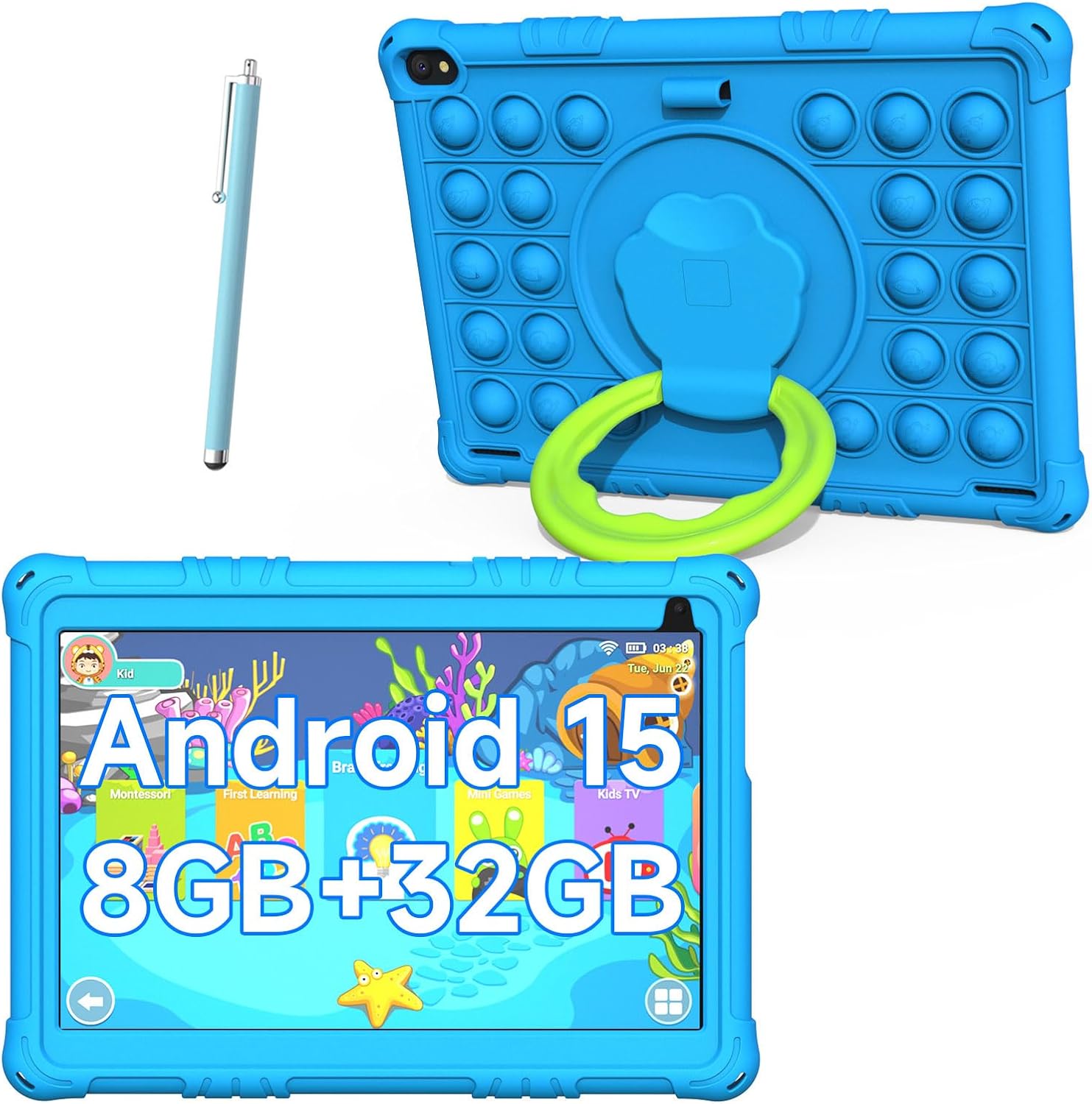 Android 15 Kids Tablet, 10 inch Tablets for Kids, 8GB RAM 32GB ROM 1TB Expand, Toddler Tablet with Parental Control, IPS Screen, Dual Camera, Educational, Games, Shockproof Case for Boys, Blue