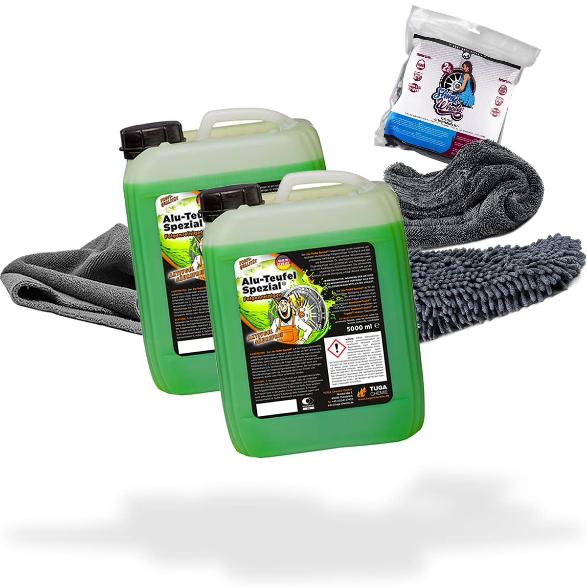 detailmate Juego de limpieza de llantas: 2 x Tuga Chemie Alu Teufel Limpiador de llantas 5L + Nuke Guys Shiny Wheels + Edgeless Microfibra Gamuza 380GSM