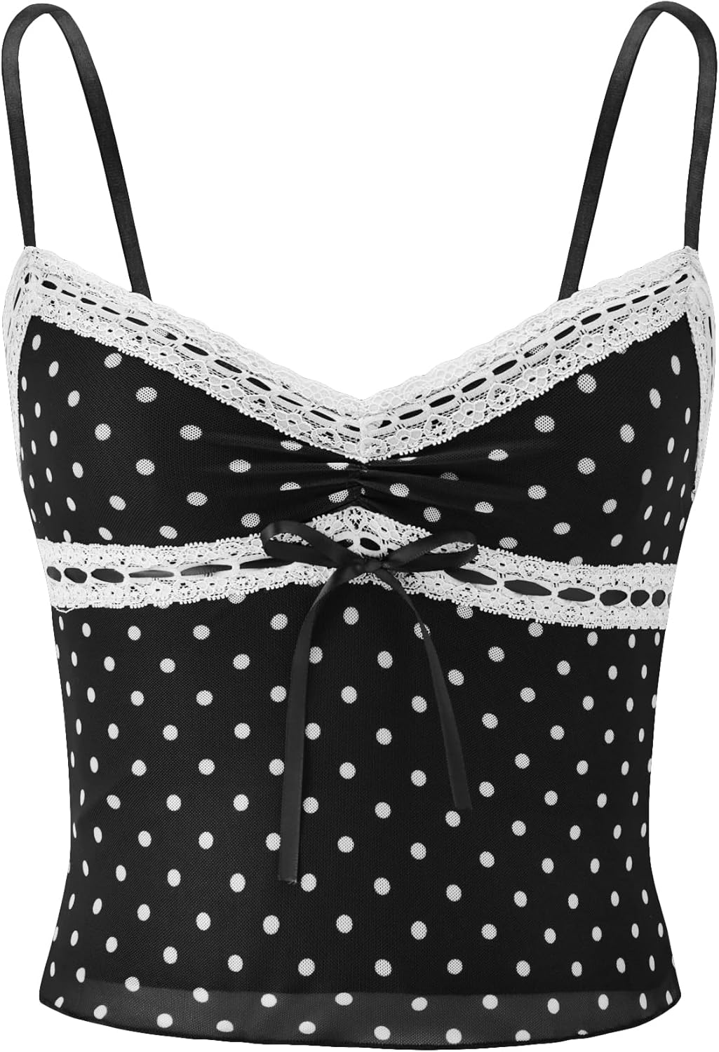 BAIGRAM Women Y2K Lace Trim Polka Dot Mesh Crop Cami Tank Sleeveless V Neck Slim Fit Tie Up Bow Ruched Lingerie Top Going Out - Image 4