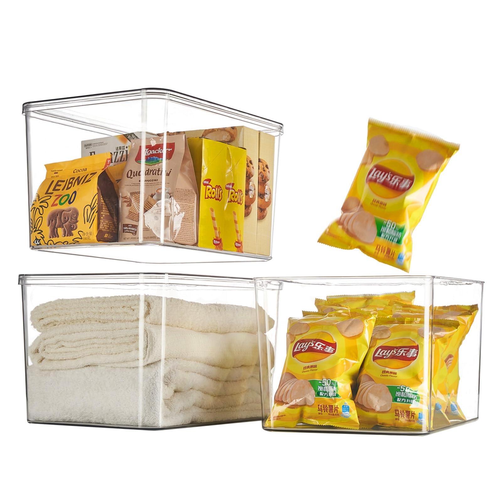 GUMEIGODA Clear plastic storage bins with LIDS-3packs,storage containers for snacks, cosmetics, books, dog food, Storage Organizer for Nursery?Kitchen, Living room,Bedroom, Bathroom, Office
