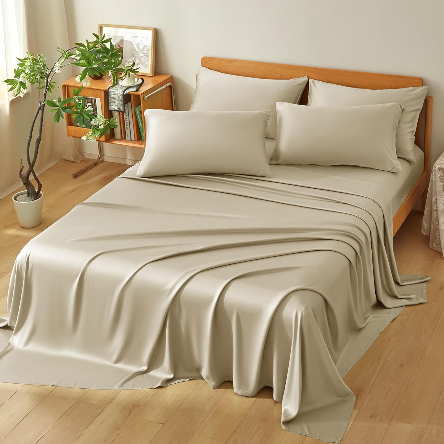 Homiest Queen Sheet Set 4pcs, 100% Rayon Derived from Bamboo Sheets, Cooling & Breathable Bedding for Hot Sleepers, Soft Luxury Sheets with 16" Deep Pocket, Hotel-Grade Silky Comfort (Beige) - Image 2