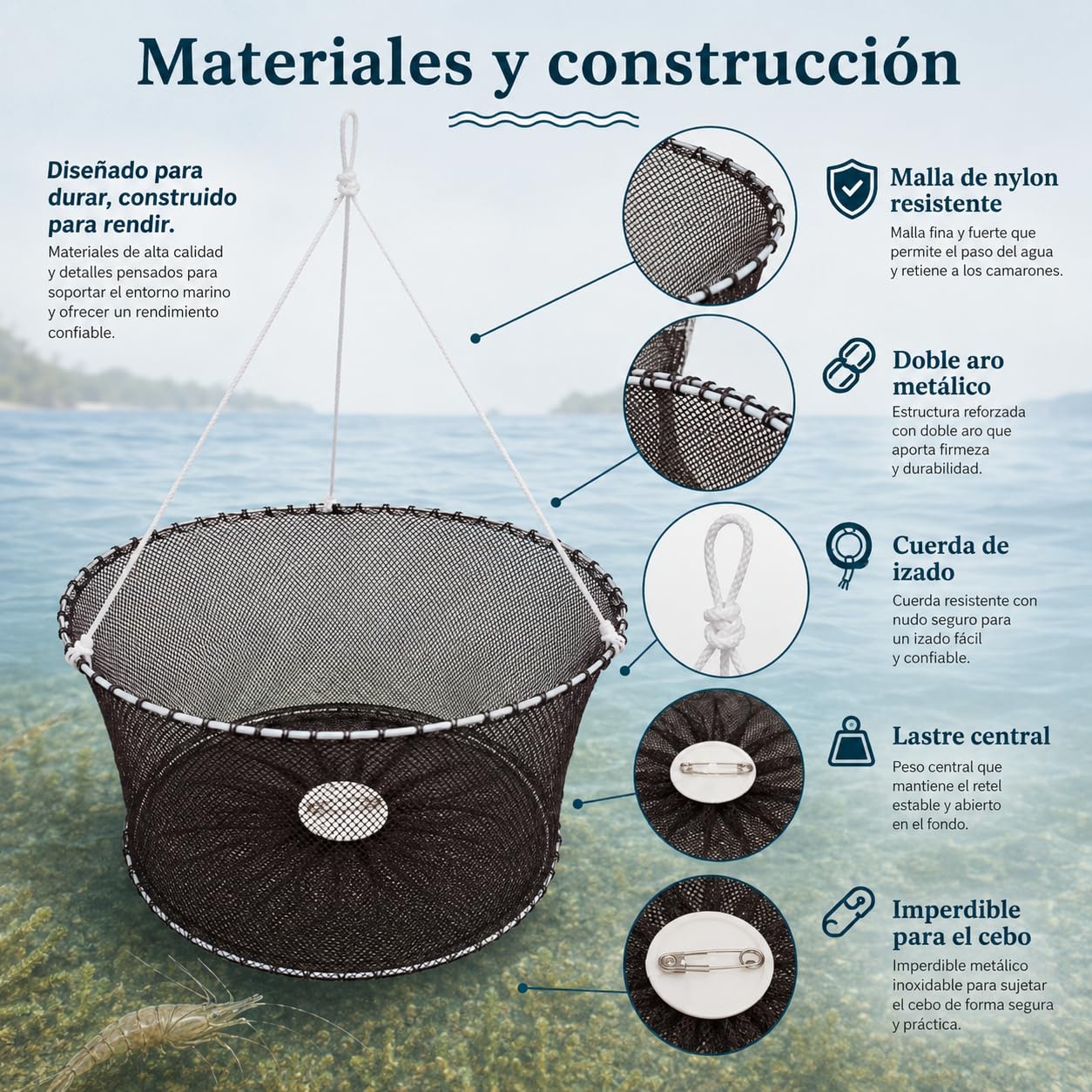 Pack 4 Reteles para Quisquillas y Camarones de Agua Salada | Doble Aro Metálico de 40 cm con Lastre e Imperdible malla 4 mm Agua Salada