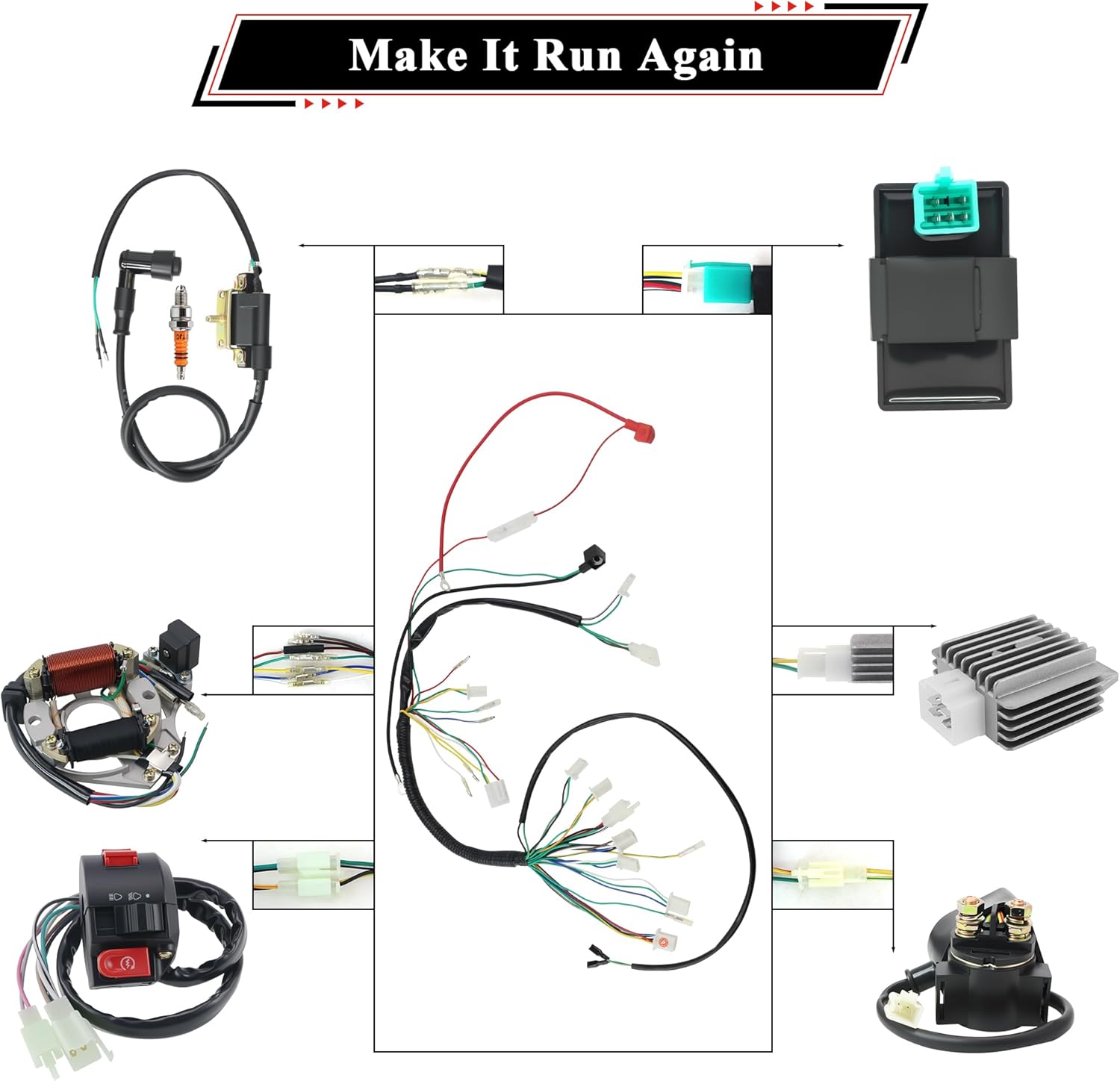 Quad Wiring Harness Kit with 2-Pole Magneto Stator Full-Wave Regulator A7TJC Spark Plug for 50cc 70cc 90cc 110cc 125cc Mini Kids ATV Quad Buggy Go Kart 4 Wheeler with 4-Stroke Engine