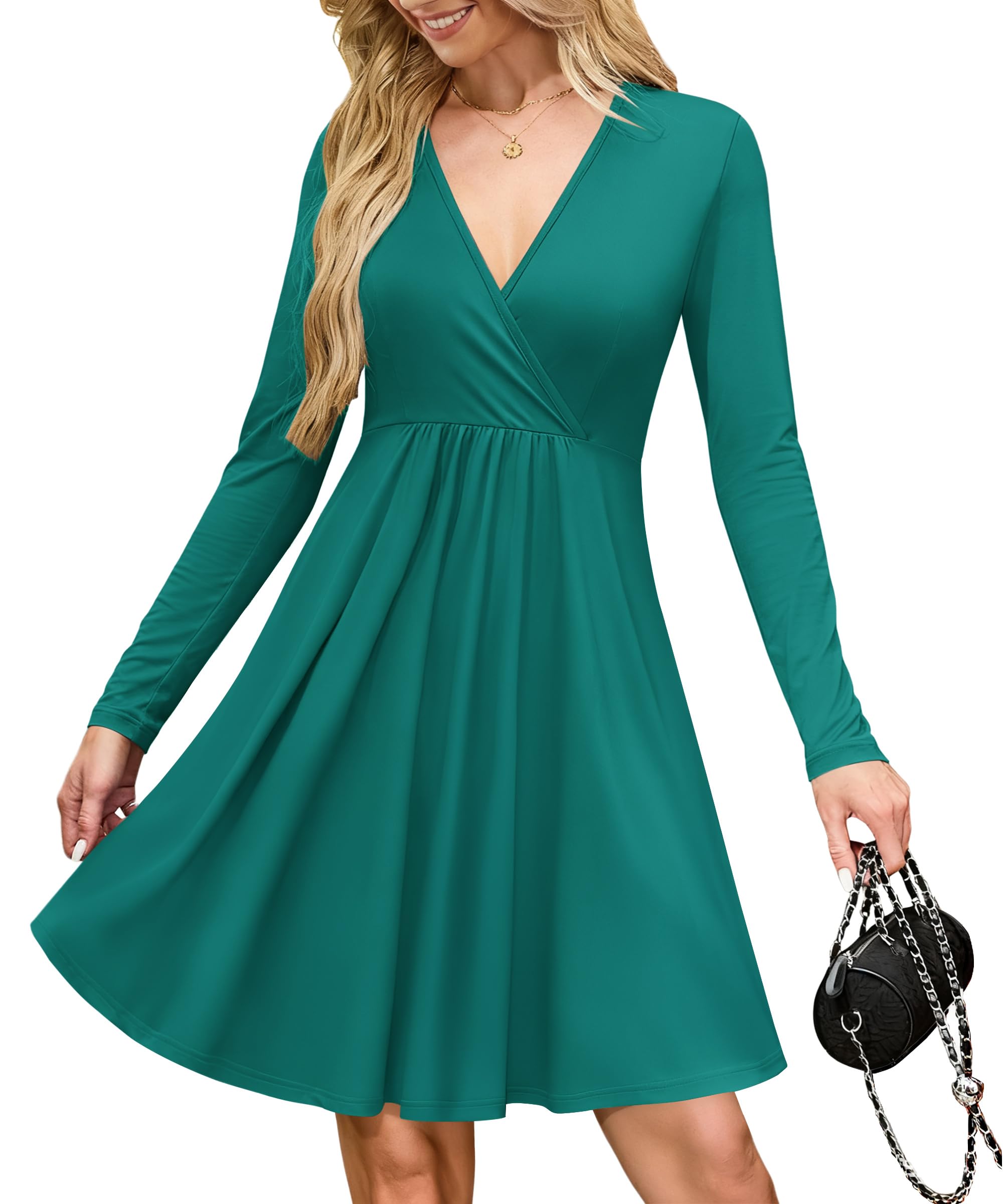 Auselily Women's Green Wrap Dress For Uk V Neck Flowy Long Sleeve Elegant Casual Dresses With Pockets Knee Length 2XL