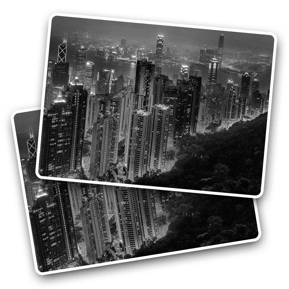 Destination Vinyl Ltd Multi Rectangle Stickers(Set Of 2) 7.5Cm Bw - Hong Kong City Buildings Nightlife Fun Decals For Laptops,Tablets,Luggage,Scrap Booking,Fridges, #35805