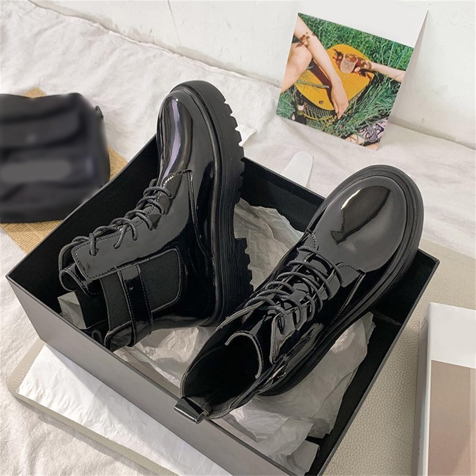 Fashion Autumn Women Boots Round Toe Lace Up Thick Sole Non Slip Comfortable Casual Holly Short Boots Women (Black, 7)