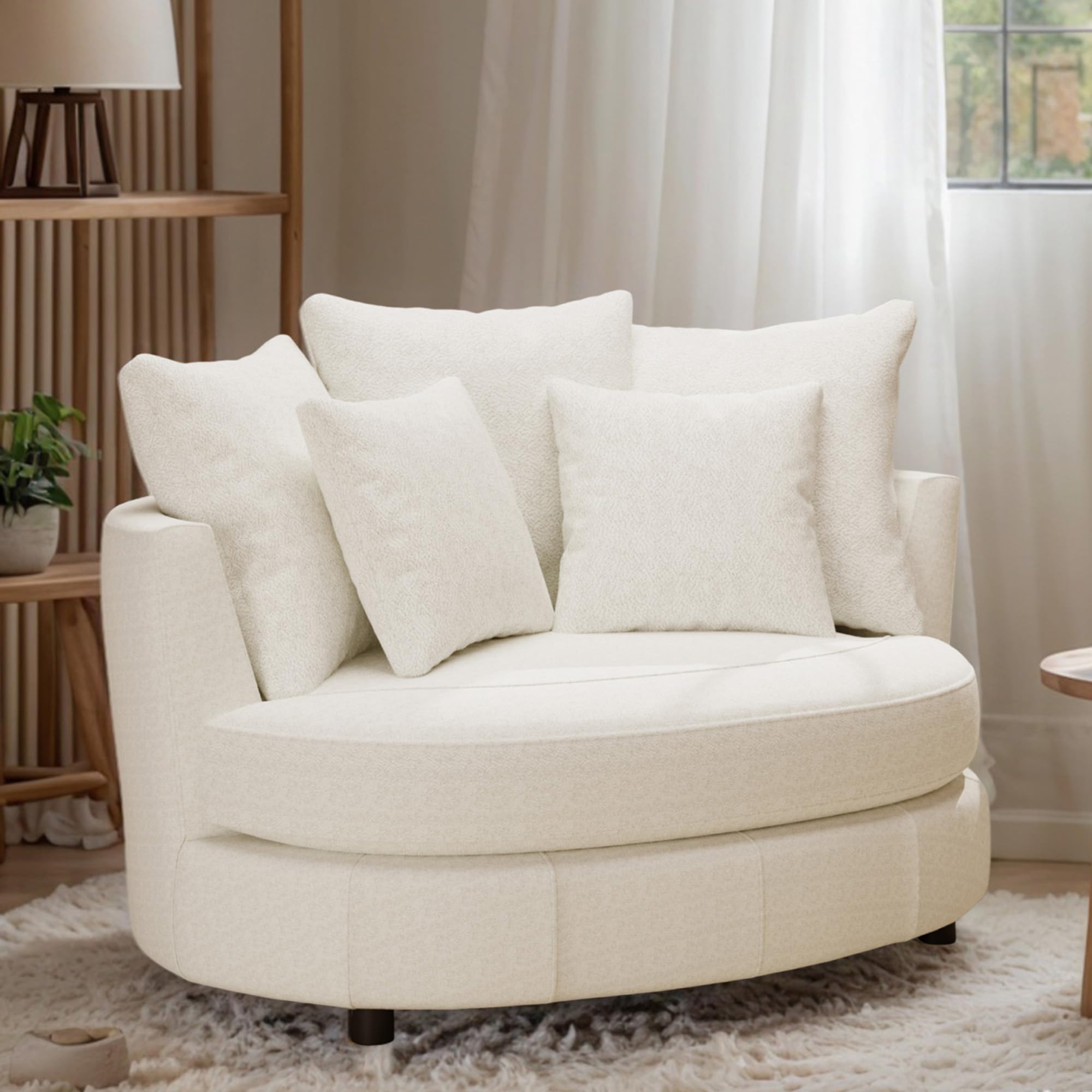 Mlmh & Kngwa Oversized Barrel Chair, 55 inch Extra Wide Round Chair with 5 Pillows, Oversized Reading Chairs for Bedroom Comfy Chenille Armchair for Living Room, Corner, Beige