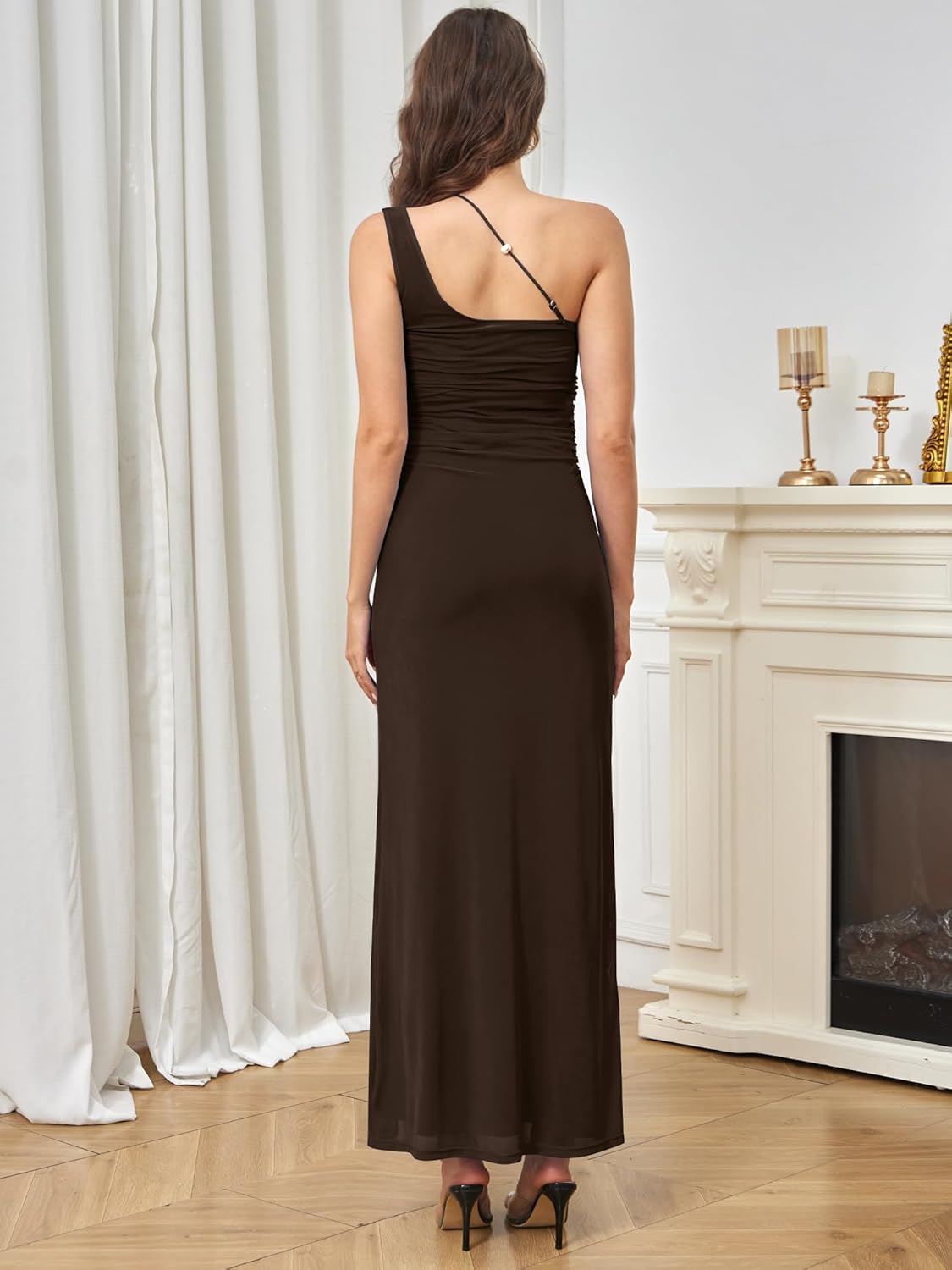 Yulaviniee Women's Bodycon Maxi Dress Sleeveless One Shoulder Mesh Long Dresses Party Club - Image 3