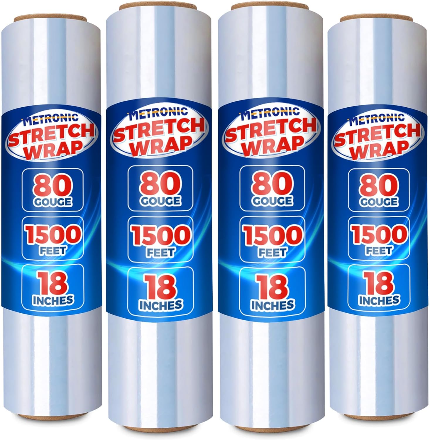 Metronic Stretch Wrap Roll 18" x 1500 Ft 80 Gauge Heavy Duty Plastic Packing Wrap for Pallet Wrapping Shipping Moving Clear Industrial Shrink Film Surface Protection Furniture Packing, 4 Pack