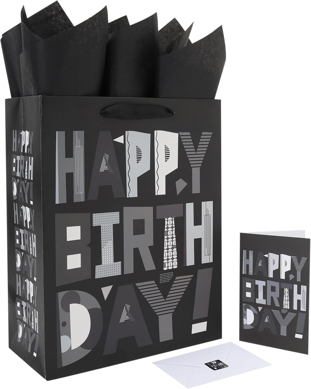 wishinside 13” Large Black Happy Birthday Gift Bag Set with Handles, Greeting Card, Tissue Papers and Stickers for Men Boys Kids Teens, Cartoon Design, 1 Pcs
