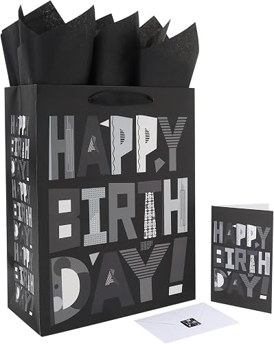 13” Large Black Happy Birthday Gift Bag Set with Handles, Greeting Card, Tissue Papers and Stickers for Women Men Girls Boys Kids Teens, Cartoon Design, 1 Pcs