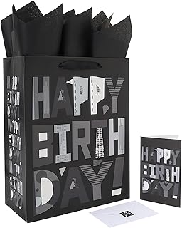 wishinside 13” Large Black Happy Birthday Gift Bag Set with Handles, Greeting Card, Tissue Papers and Stickers for Men Boys Kids Teens, Cartoon Design, 1 Pcs