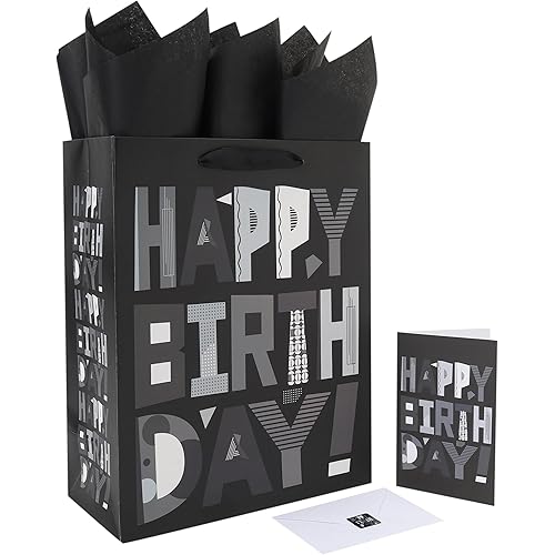 13” Large Black Happy Birthday Gift Bag Set with Handles, Greeting Card, Tissue Papers and Stickers for Women Men Girls Boys Kids Teens, Cartoon Design, 1 Pcs