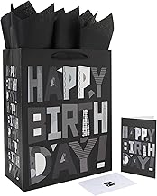 wishinside 13” Large Black Happy Birthday Gift Bag Set with Handles, Greeting Card, Tissue Papers and Stickers for Men Boys Kids Teens, Cartoon Design, 1 Pcs