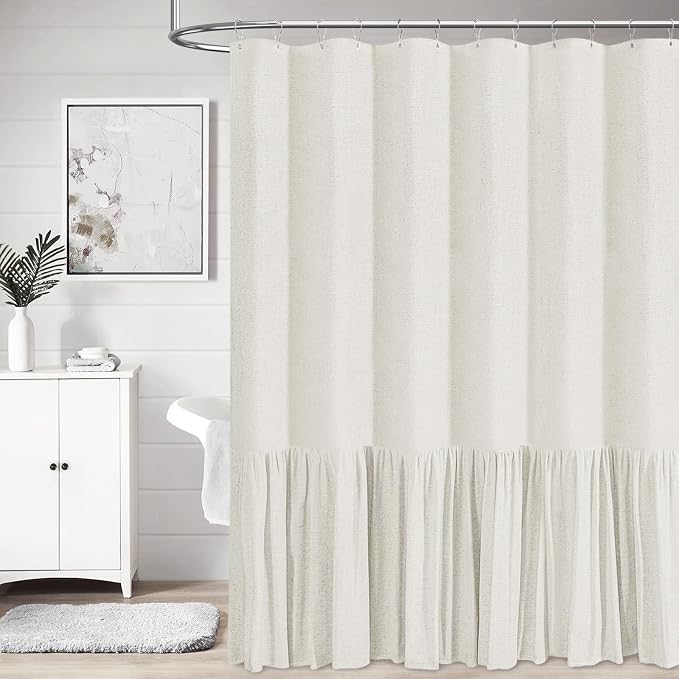 BTTN Extra Long Linen Shower Curtain - 72x96 Inch Long Shabby Chic Heavy Duty Fabric Shower Curtain Set with Ruffle Hem, Tall Farmhouse Vintage Cloth Shower Curtains for Bathroom Decor - Natural