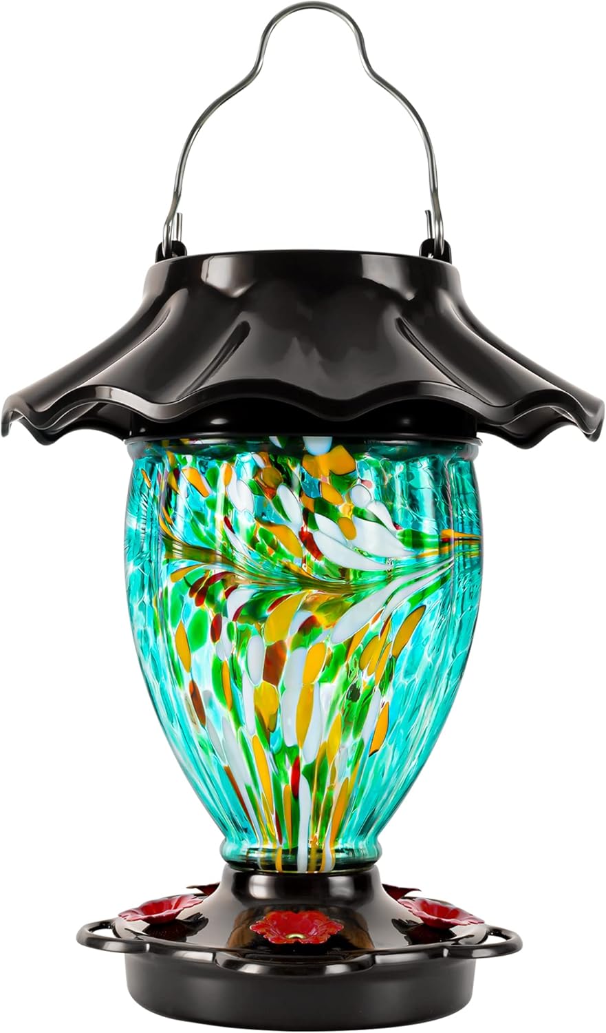LUJII Solar Powered Color Changing Hummingbird Feeder for Outdoors Hanging, Hand Blown Glass Reservoir, 32 fl.oz, Never Leak, Illuminated Lantern for Garden Decor, for Bird Lover (Teal)