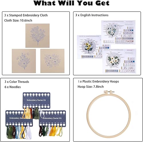 Miniatura 3 de Kit de bordado para principiantes, kits de punto de cruz para adultos, manualidades, 3 piezas, patrón de bordado, hilo de bordado de tela y agujas,