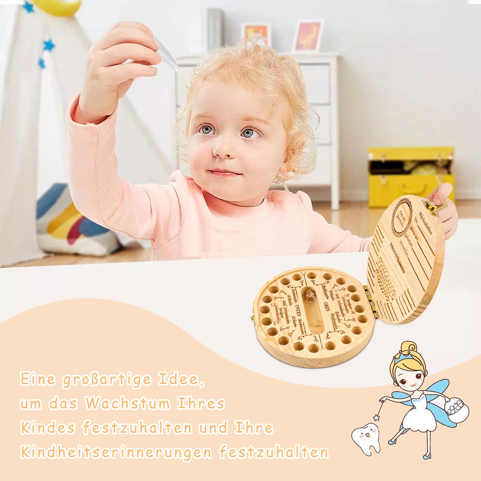 GAROMIA Scatola dentata per denti da latte, per ragazzi, in legno, per denti da latte, per ragazzi e ragazze, per souvenir
