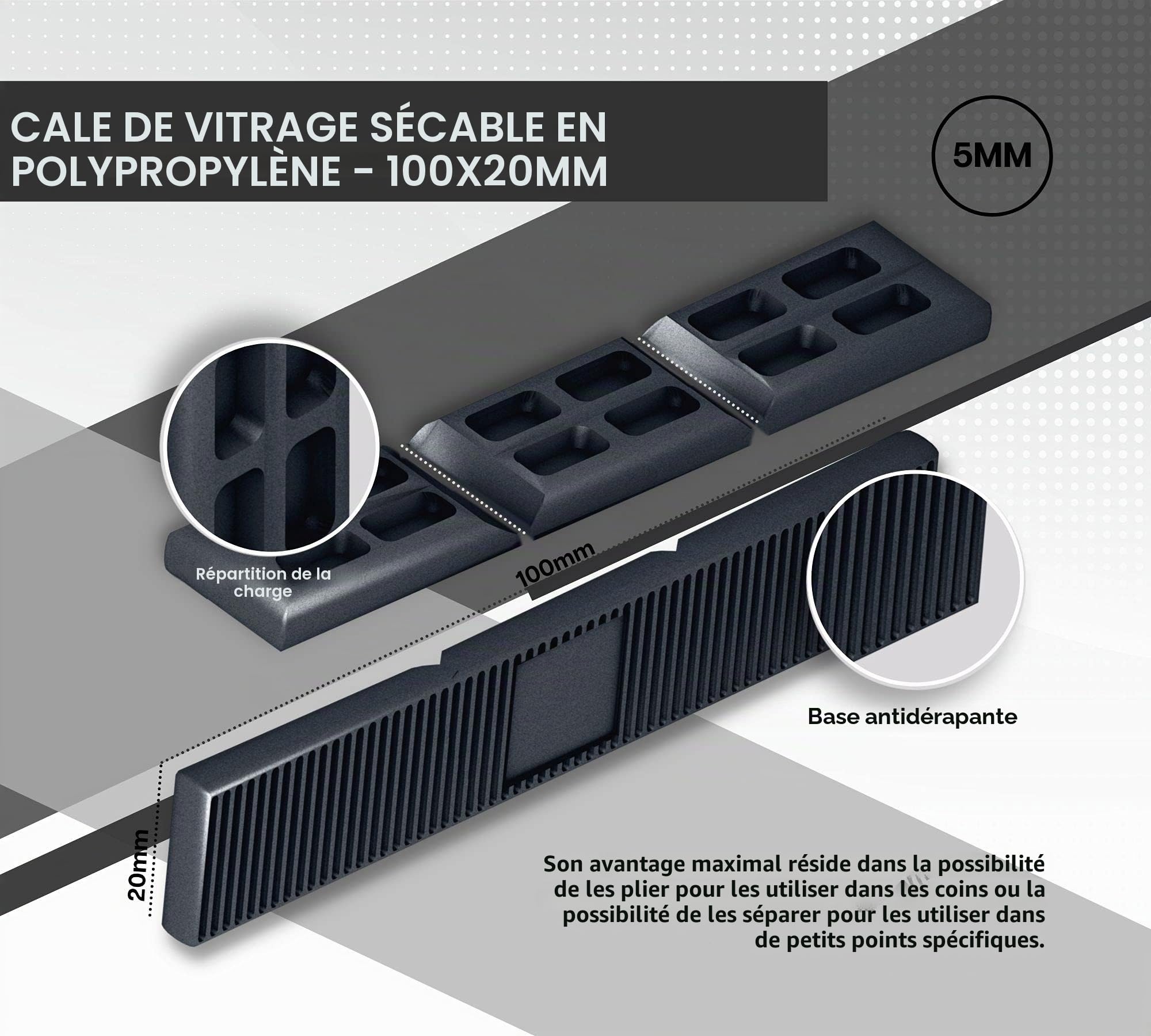 DOJA BARCELONA | Cales de Vitrage 5mm | Noire | 100 Pcs | Blocs d'Écartement en Plastique, Entretoise Polypropylene | Plaques d'Espacement avec Points de Rupture pour Rangement, Équilibrage...