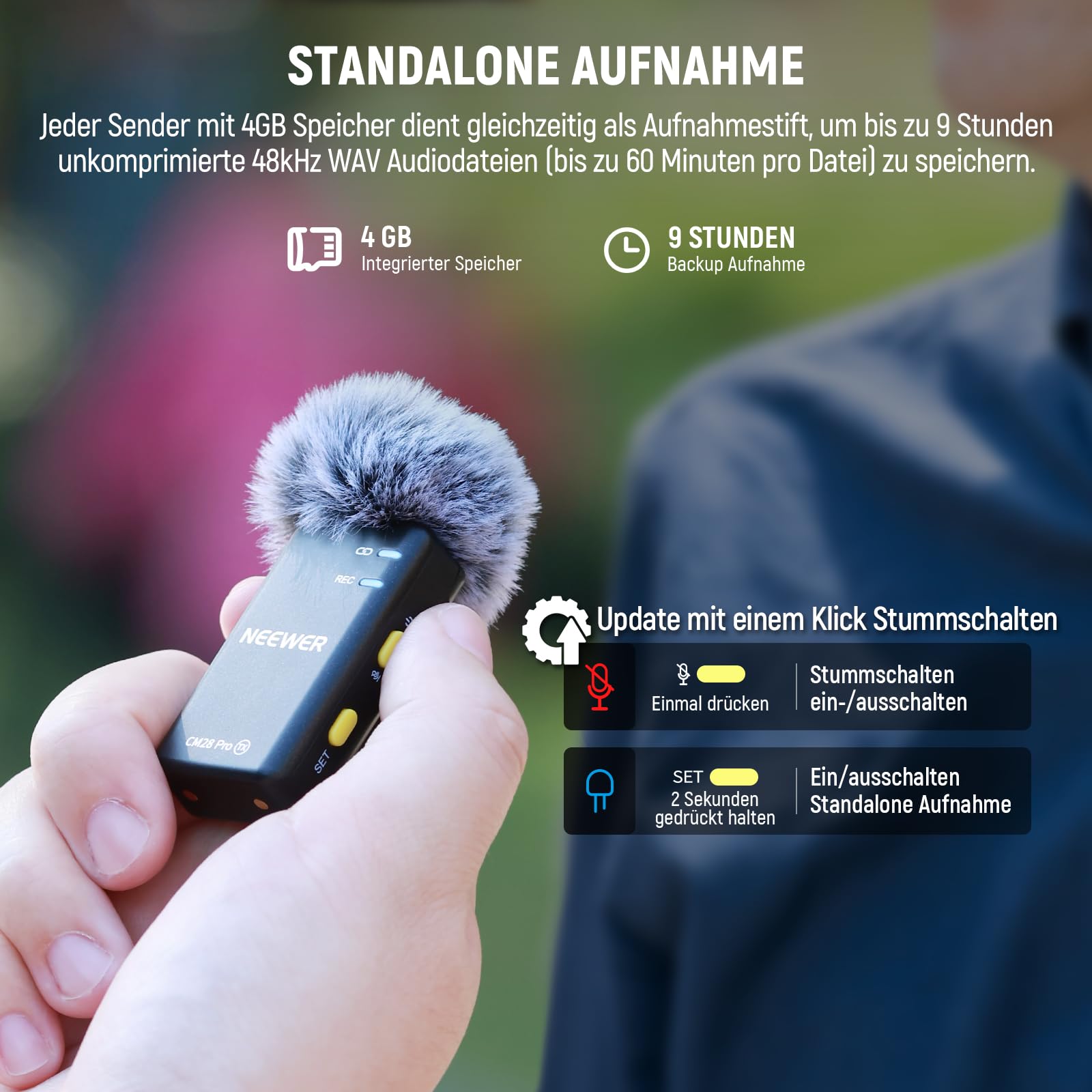 NEEWER CM28 PRO drahtloses Lavalier Mikrofon + Ladecase, Geräuschunterdrückung, 9 Stunden Aufnahmezeit, 4GB Speicher, Mini Ansteckmikrofon, kompatibel mit USB C iPhone iPad Android Kameras PCs Laptops