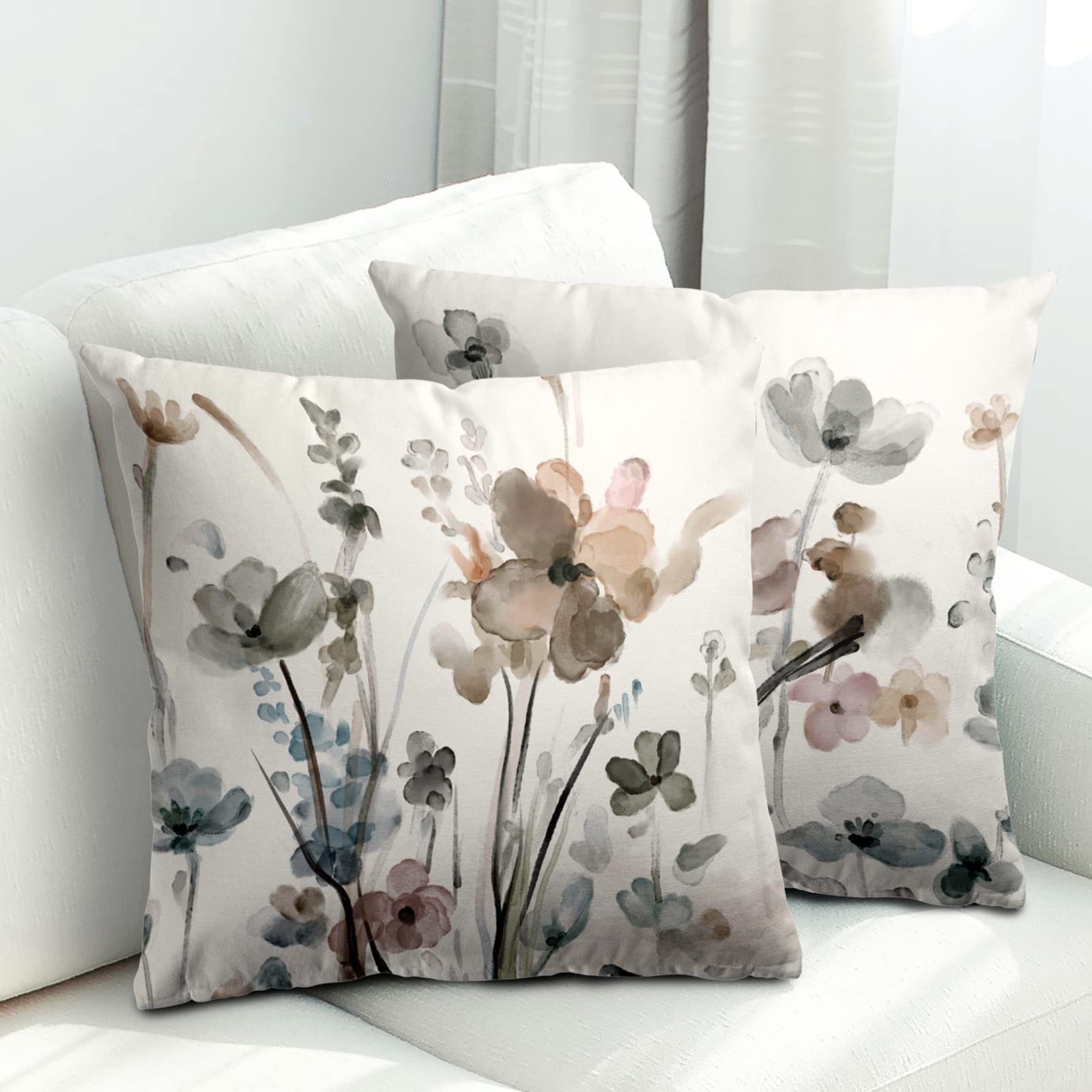 ADJUVANT Flower Pillow Covers 16x16 Set of 2, Beige Flowers Throw Pillow Cushion Cases, Modern Blossom Pillowcases, Cream White Decorative Pillow Cover for Sofa Couch Bedroom Living Room