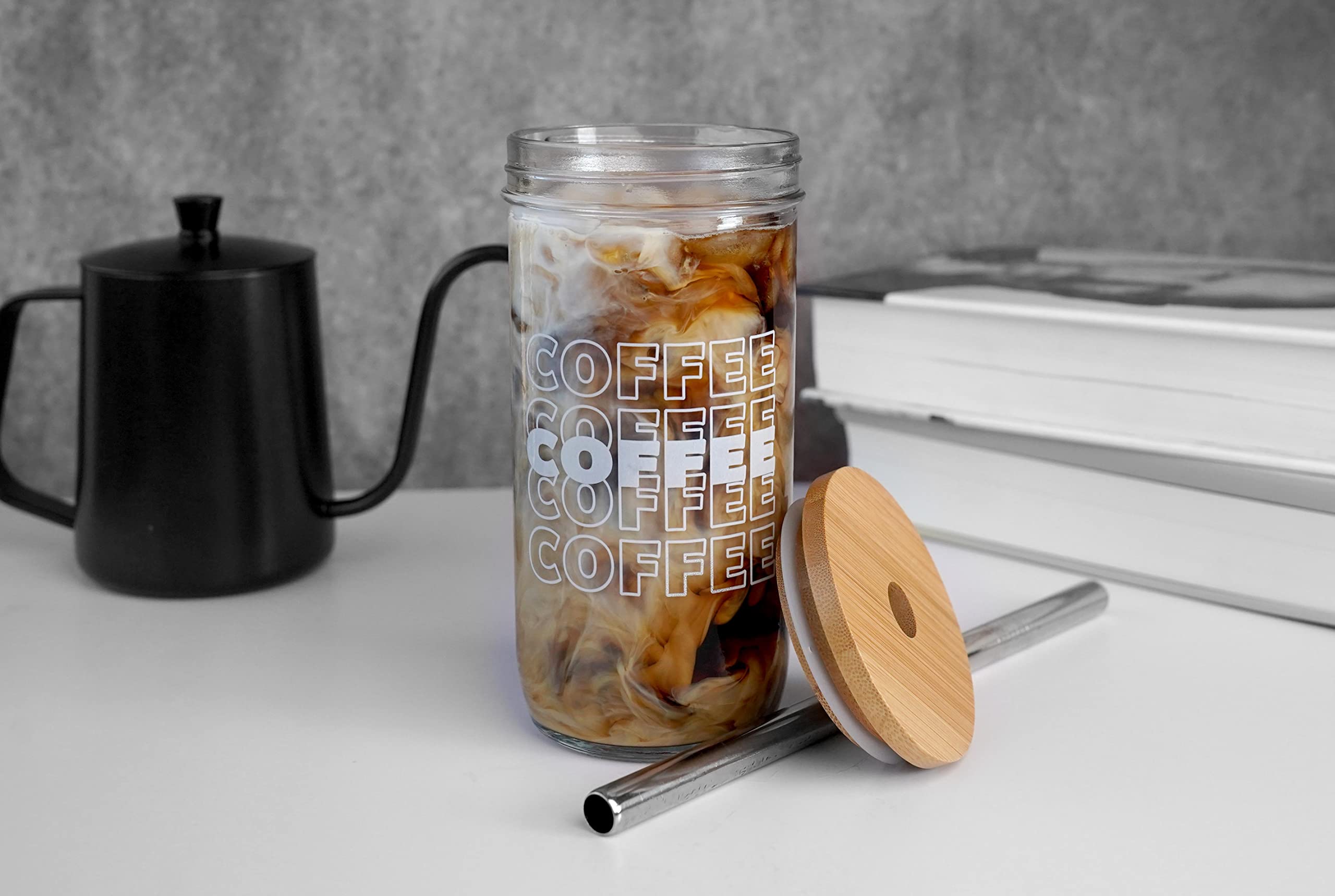 Barattoli Vetro Con Coperchi E Cannucce - Set 2 Tazze Caffè Ghiacciato