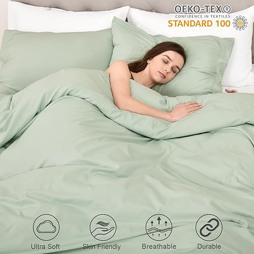Miniatura 4 de PHF Juego de funda de edredón verde salvia, tamaño Queen, cómodo, ligero, agradable a la piel, con cierre de botón, colección de ropa de cama suave