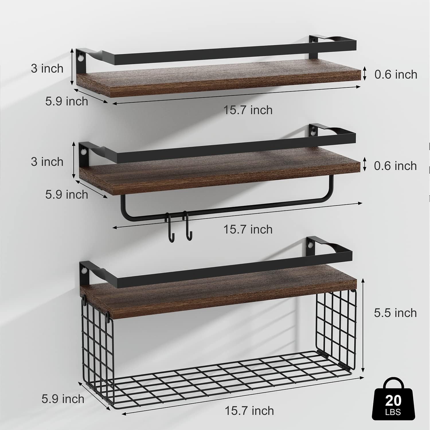 Set di 3 Mensole Sospese con Cestello Portaoggetti E Portasciugamani, Mensole Porta Carta sopra Il WC, Organizer per Mensole in Legno Rustico Montato A Parete per Bagno, Soggiorno, Cucina