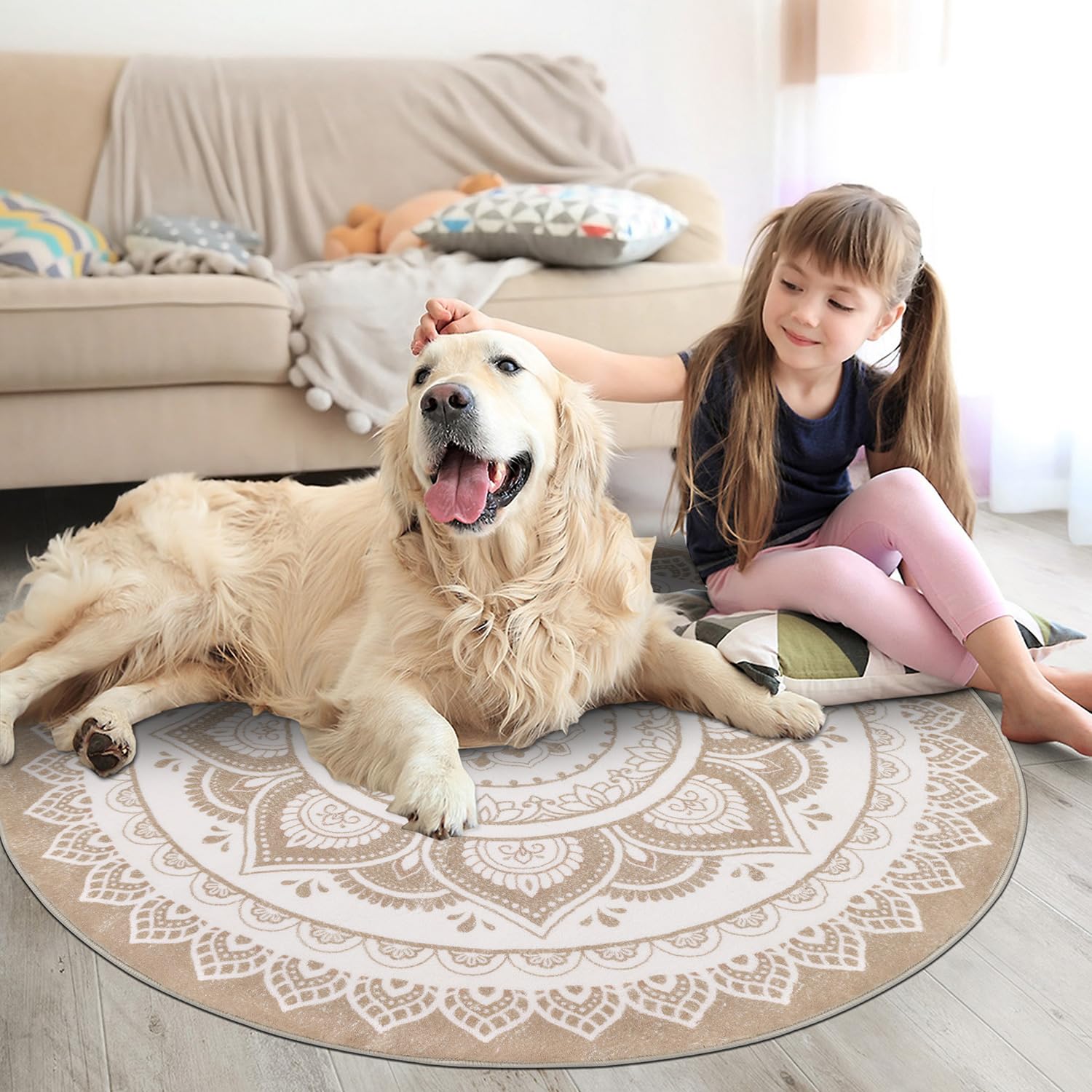 SHACOS Kurzflor Teppich Rund 160 cm, Boho, Anti Rutsch, Waschbar, Wohnzimmerteppich Rund Flauschig, Runder Teppich für Schlafzimmer, Wohnzimmer, Beige