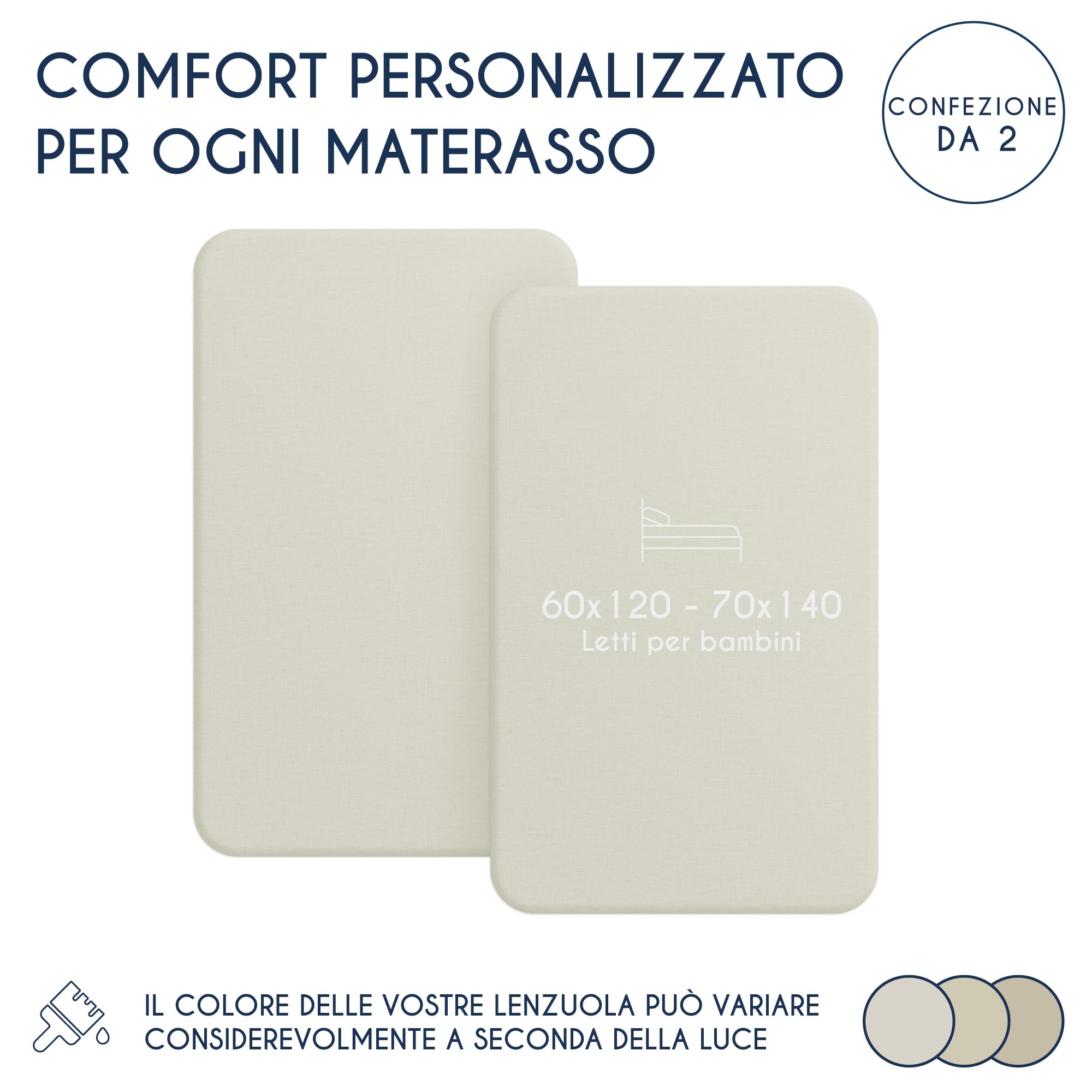 Dreamzie - Set 2 Lenzuolo con Angoli Cotone Bambini - 60x120/ 70x140 - Oeko Tex certificato - Beige - Lenzuolo con Angoli 60x120/ 70x140