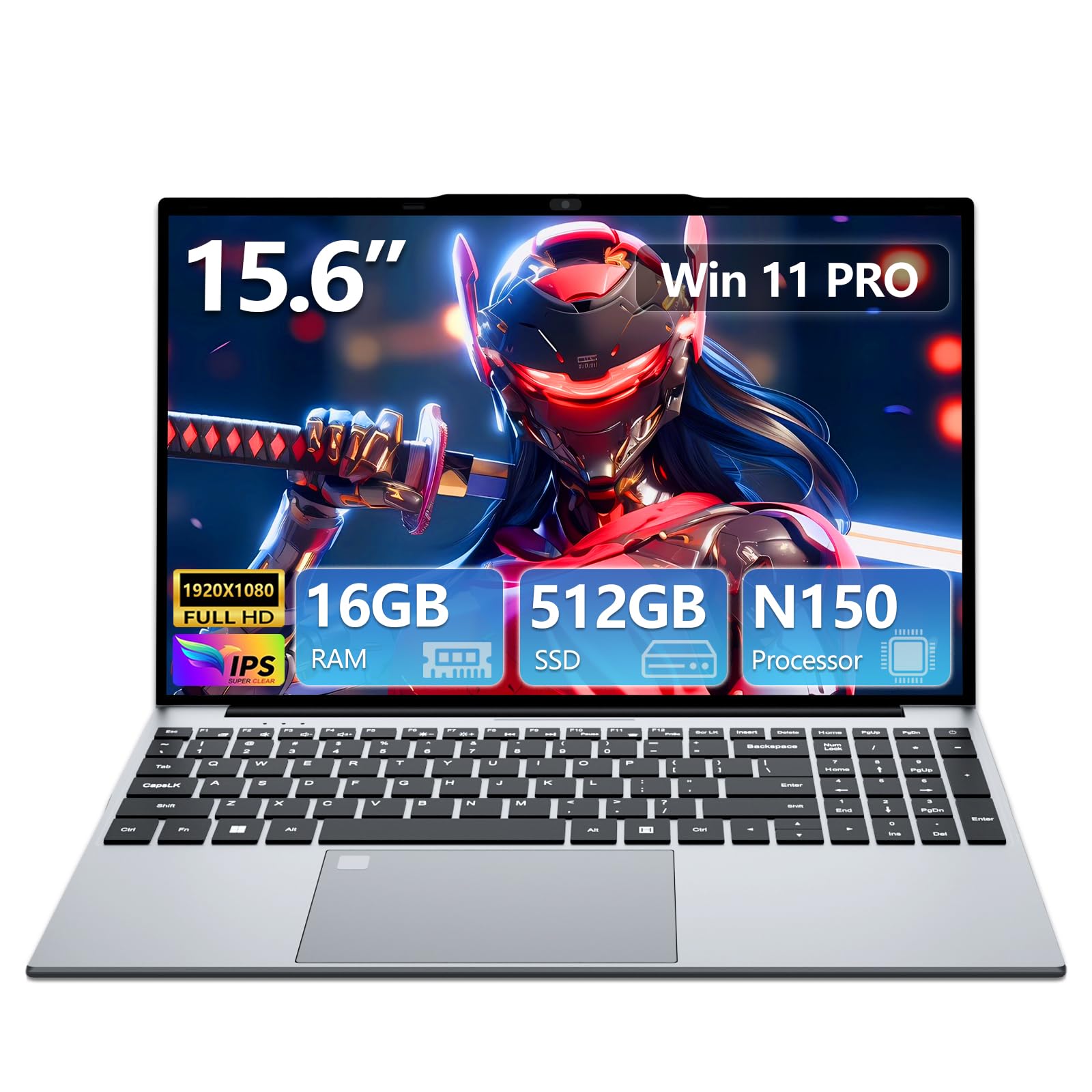 PC Portatile 15,6 Pollici,13th Gen N150 Processor,16GB RAM DDR4 512GB SSD, Win 11 Pro Notebook Tastiera Retroilluminata/Sblocco con Impronta Digitale, Webcam, USB 3.0, HDMI/Wi-Fi 5 Computer Portatile